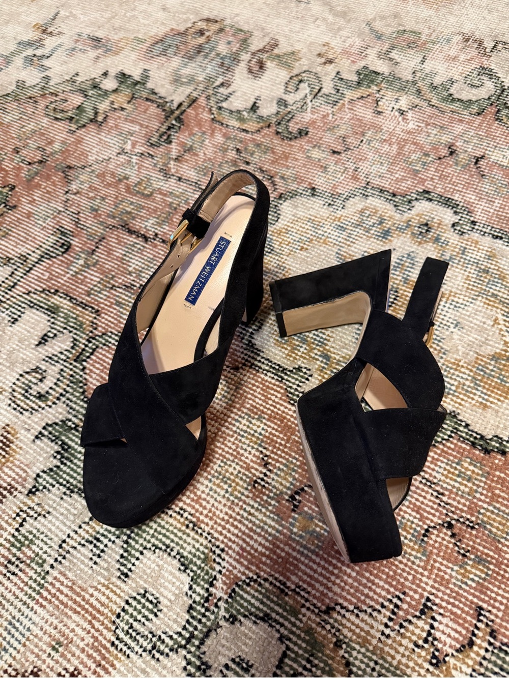 Stuart Weitzman Black Suede Cross-Strap Platform Heels